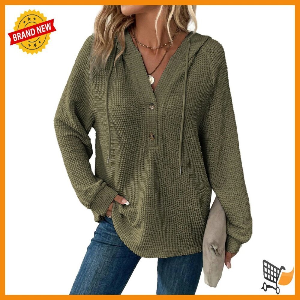 Waffle Knit Hoodie Long Sleeve Drawstring V-Neck Pullover Sweatshirt